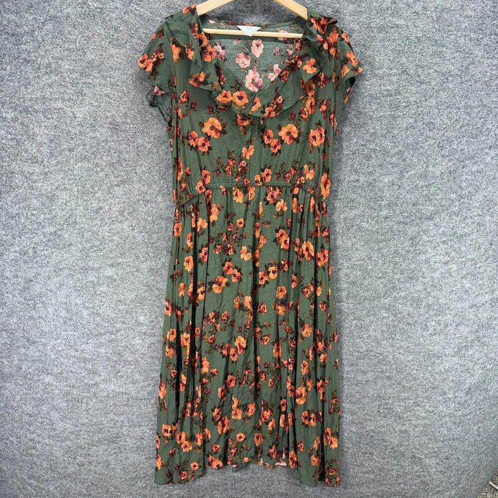 Time And Tru Dress Women L Large Green Floral Sheath Midi V-Neck Short Sleeve